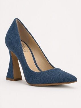 Vince Camuto Akenta Denim Flare Heel Pumps Sculptural Statement Pointed Toe 10